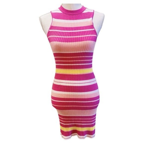 Lulus Dresses & Skirts - Lulu’s Striped Pink and Yellow Ribbed Bodycon Dress XS